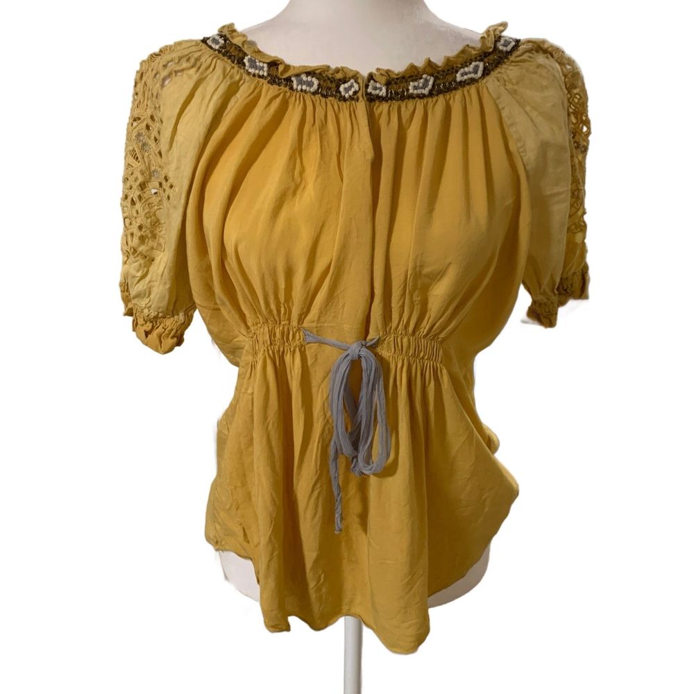 Anthropologie | Boho Yellow Embellished Neckline Viscose Cotton Blouse Size XS